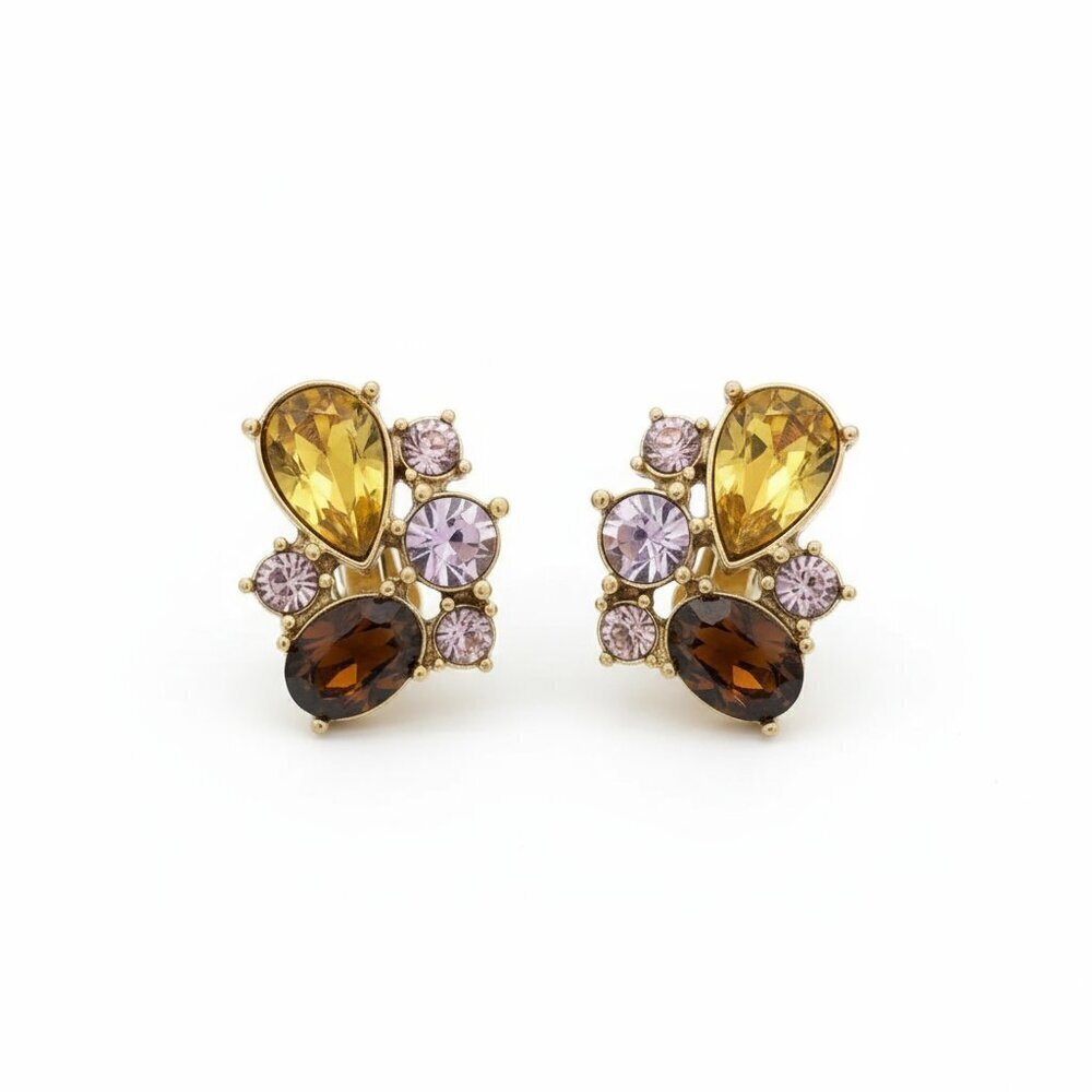 💛 Vintage Monet Clip-On Cluster Earrings - Autumn Jewels Gold Tone